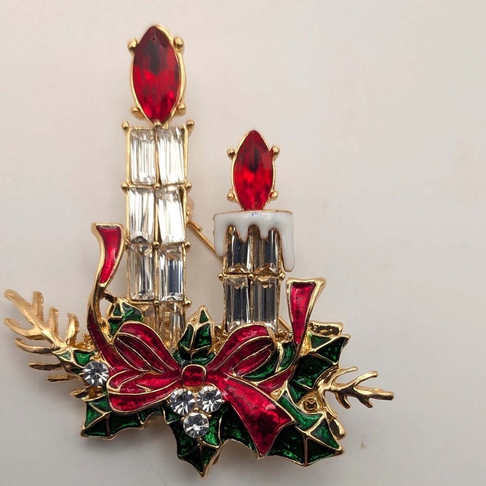 Vintage Christmas Candle Brooch Gold Tone Red Green Enamel Crystal Holiday Pin